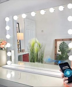 Vanity Mirror for Makeup Bluetooth, Extra Large Hollywood Lighted Mirror with 18 Dimming LED Bulbs Smart, Tabletop/Hanging Cosmetic Mirror with Touch Screen & USB Charging Port & Speaker