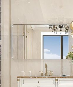40x30inch Bathroom Mirror Vanity Mirror with Fireproof Waterproof Board, Silver Rectangular Beveled Mirror Wall Decor with Aluminium Frame Round Corner for Bedroom Living Room