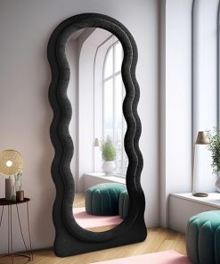 Floor Mirror with Stand, Full Length Irregular Wavy Mirror, Flannel Wrapped Wooden Frame (Black)