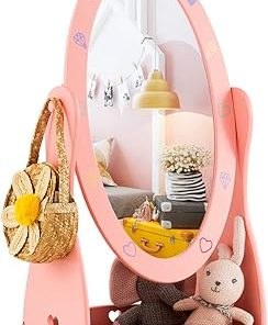 Costzon Kids Full Length Mirror, Princess Floor Free Standing Mirror w/Storage Shelf, 360 Degree Rotatable Oval Dressing Mirror w/Cute Crown Pattern for Little Girls Bedroom, Playroom, Pink