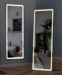 Full Length Mirror with Lights, 56"X 20" Full Body Mirror, Wall Mirror with Stand for Bedroom, Cloakroom, Dimmable & 3 Color Lighting Square Black