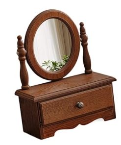 Wood Desk Makeup Mirror,Countertop Mirror,Vintage Tabletop Mirror, Wooden Table Top Vanity Mirror for Bedroom,Bathroom, Women, oval, 25x11.5x31.5cm