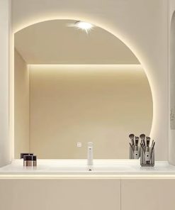Fashion Semicircle LED Wall Mounted Bathroom Mirror,Shaped Vanity Mirror,Irregular Frameless Smart Touch Mirror,Three-color Light Brightness Adjustable,For Home,Spa And (Size:80cm,Color:Left undercut) Fashion Semicircle LED Wall Mounted Bathroom Mirror,Shaped Vanity Mirror,Irregular Frameless Smart Touch Mirror,Three-color Light Brightness Adjustable,For Home,Spa And (Size:80cm,Color:Left undercut)