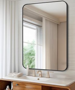 Black Bathroom Mirror, Rectangle Frame Mirror, 24×36 Wall-Mounted Mirror with Rounded Corner Mirrors for Bathroom Bedroom Living Room, Hangs Horizontal or Vertical 2