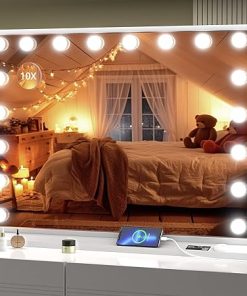 Vanity Mirror with Lights, 32" x 24" Hollywood Mirror, Makeup Mirror with 18 Dimmable Bulbs and 10X Magnification, 3 Colors Modes, Digital Display and Adjustable Time, USB Port, Type-C, White