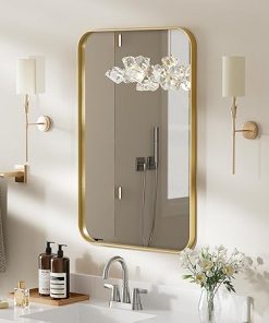 ROOMTEC Gold Bathroom Mirrors for Wall, 20X30 Inch Rounded Rectangle Mirror, Gold Bathroom Vanity Mirror, Metal Framed Wall-Mounted Mirror（Horizontally or Vertically