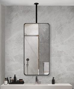 Square Ceiling Mounted Mirror with Black Metal Frame, Modern Floating Vanity Mirror Hanging Rod Mirror for Bathroom Washroom Shaving Makeup Mirror Entrance Hallway Wall Decor Mirror 2