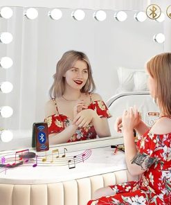 Hansong Vanity Mirror with Lights and Bluetooth Extra Large Hollywood Makeup Mirror with 18 pcs LED Bulbs Lighted Mirror with USB Charging,3 Color Lighting Modes Tabletop or Wall Mount Hansong Vanity Mirror with Lights and Bluetooth Extra Large Hollywood Makeup Mirror with 18 pcs LED Bulbs Lighted Mirror with USB Charging,3 Color Lighting Modes Tabletop or Wall Mount