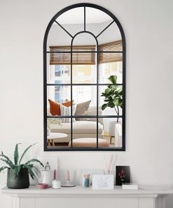 LYYYXGYP Arched Window Mirror Black Metal Frame Wall Mounted Decorative Mirror Windowpane Decoration for Living Room 20" x 32"
