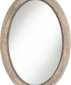 Zahra Oval Vanity Decorative Wall Mirror Vintage Rustic Farmhouse Natural Brown Wooden Frame Beaded Trim 23 1/2″ Wide for Bathroom Bedroom Living Room Home Office Entryway 2