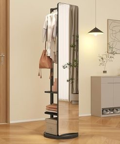 Full Length Mirror with Storage Shelf,360" Swivel Floor Body Mirror,Standing Coat Rack Solid Wood Armoires for Bedroom,Living Room (Black, 65.7" H x 17.7" W Inches)