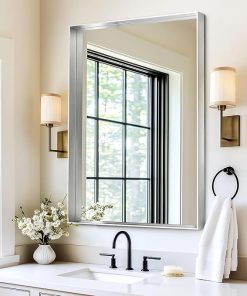 Silver Bathroom Mirror 22x30 Inch, Rectangle Mirror with Metal Deep Frame, Wall Mirrors for Over Sink, Vanity, Bedroom, Bathroom, Hangs Horizontally or Vertically