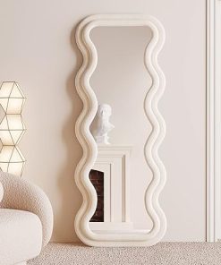 BOJOY Full Length Mirror 63"x24", Irregular Wavy for Standing Hanging or Leaning Against Wall for Bedroom, Flannel Wrapped Wooden Frame-White