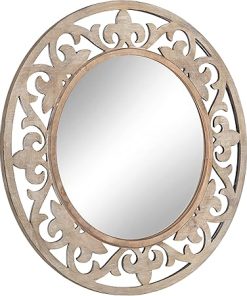 Kate and Laurel Shovali Rustic Round Wall Mirror, 32 Inch Diameter, Light Natural Wood, Ornate Wood-Carved Framed Circle Mirror with Antique Inspired Detailing for Vintage Wall Décor